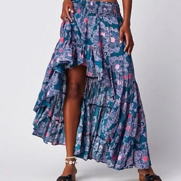 Free People Morning Sun Ruffle Floral Maxi Skirt Medium Summer Beach Bohemian - Picture 1 of 7
